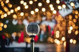 a microphone stands in front of a crowd of people. AI-Generated photo