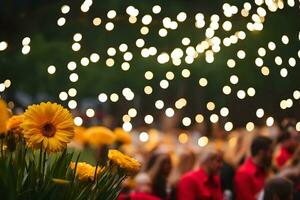 yellow flowers in front of a crowd of people. AI-Generated photo