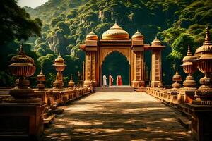un hermosa templo con un portón y pilares en el medio de un bosque. generado por ai foto