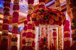 a wedding reception decorated with flowers and lights. AI-Generated photo