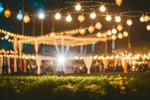 a wedding reception with lights and flowers. AI-Generated photo