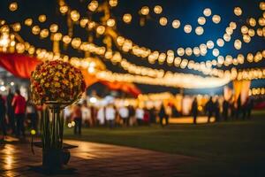 a wedding reception with lights and flowers. AI-Generated photo