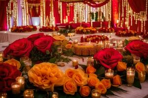 a wedding reception with red and yellow flowers. AI-Generated photo