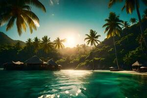 the sun shines over a tropical island with palm trees. AI-Generated photo