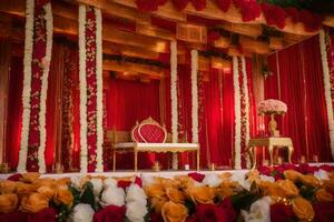 an indian wedding stage decorated with red and white flowers. AI-Generated photo