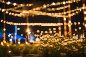 un campo de flores y luces a noche. generado por ai foto