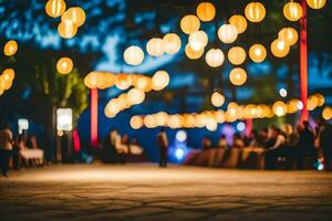 a group of people sitting at a table with lanterns hanging above them. AI-Generated photo