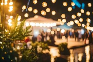 a wedding party is seen under lights at night. AI-Generated photo