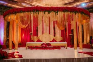 a wedding stage decorated with red flowers and gold. AI-Generated photo