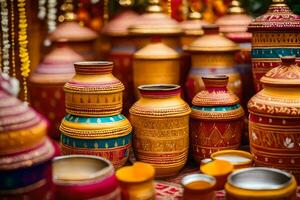 many colorful pots and vases are on display. AI-Generated photo