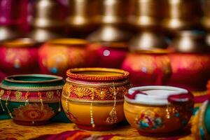 colorful pots with designs on them are on a table. AI-Generated photo