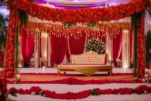 a red and gold wedding stage decorated with flowers. AI-Generated photo