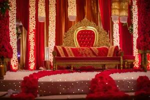 an indian wedding stage decorated with red and gold. AI-Generated photo