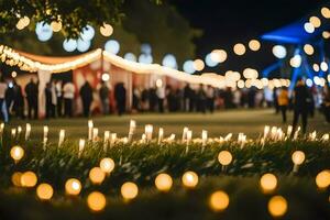 lit candles in the grass at night. AI-Generated photo