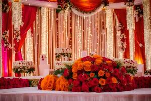 a wedding reception with red and orange flowers. AI-Generated photo