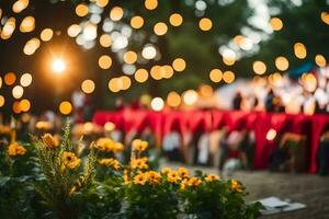 a table with flowers and candles in the background. AI-Generated photo