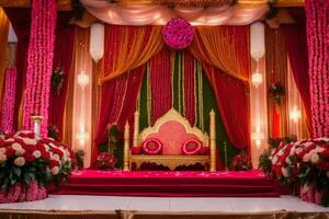 un Boda etapa decorado con rojo y rosado flores generado por ai foto