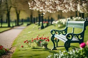 a park bench is in front of a tree. AI-Generated photo