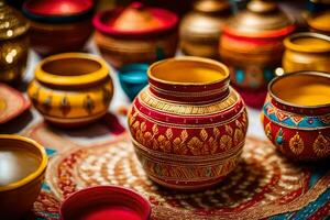many colorful pots and bowls are on a table. AI-Generated photo