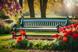 a bench in a garden surrounded by flowers. AI-Generated photo