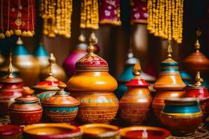 colorful pots and bowls are displayed on a table. AI-Generated photo