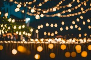 a group of people standing in front of a string of lights. AI-Generated photo