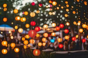 many colorful paper lanterns hanging from trees. AI-Generated photo