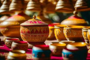 many colorful pots and bowls are on display. AI-Generated photo