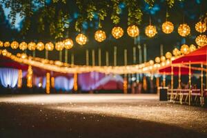 un Boda recepción con luces y mesas. generado por ai foto