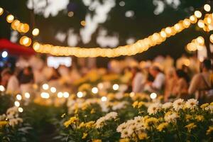 people are sitting in a field with candles and flowers. AI-Generated photo