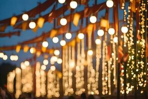 un grupo de personas en pie debajo un cuerda de luces. generado por ai foto