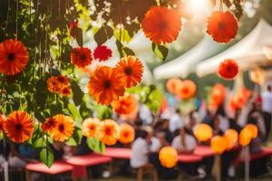 orange flowers hanging from a tree in a garden. AI-Generated photo