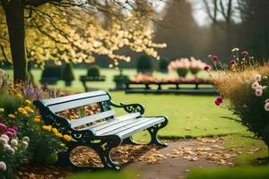 un parque banco en un jardín con flores generado por ai foto