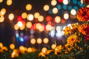flores en frente de un borroso antecedentes de luces. generado por ai foto