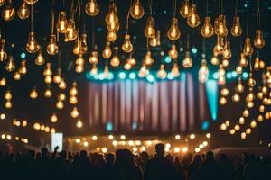 un multitud de personas a un concierto con luces colgando desde el techo. generado por ai foto