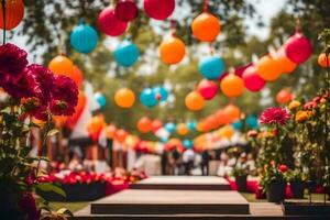 colorful balloons hanging from the ceiling of a garden. AI-Generated photo