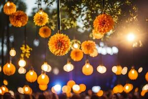 orange flowers hanging from trees at a wedding. AI-Generated photo