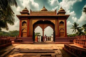 a group of people standing in front of an ornate archway. AI-Generated photo