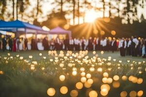 a group of people standing in the grass at sunset. AI-Generated photo