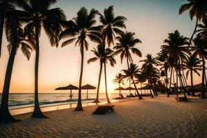 palma arboles línea el playa a puesta de sol. generado por ai foto