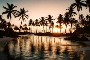 the sun sets over palm trees on a beach. AI-Generated photo