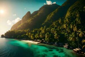 tropical island with palm trees and a beach. AI-Generated photo