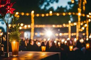 candles are lit in a vase on a table at an outdoor event. AI-Generated photo