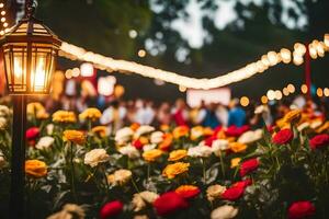 un vistoso flor jardín con luces y gente. generado por ai foto