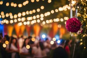 a wedding reception with lights and flowers. AI-Generated photo