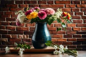 a vase with flowers on a table in front of a brick wall. AI-Generated photo