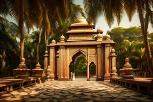 a man and woman walk through a gate in the middle of a tropical park. AI-Generated photo