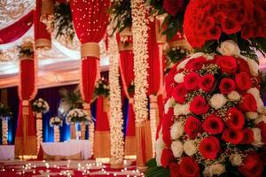 a wedding ceremony with red and white flowers. AI-Generated photo