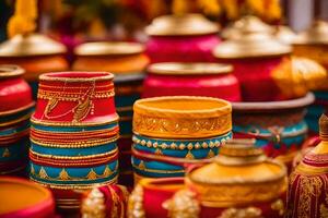 colorful pots and bowls are displayed on a table. AI-Generated photo