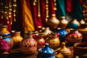 colorful vases on display in a shop. AI-Generated photo